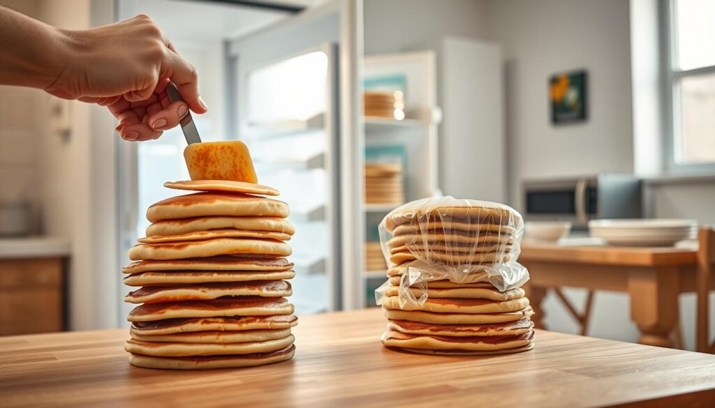 A well-lit kitchen scene showcasing a stack of freshly made pancakes on a wooden countertop. In the foreground, a hand gently lifts a pancake from the stack using a spatula, emphasizing the texture and warmth. In the middle ground, there is an open fridge with cool air visibly emanating, showing a second stack of pancakes neatly wrapped in transparent film, indicating the freezing process. The background includes a table set with plates and utensils, along with a microwave, illustrating the different thawing methods. Soft, natural light streams through a window, creating a warm, inviting atmosphere that evokes the process of preparing and enjoying pancakes at home. The composition should focus on clarity and simplicity, emphasizing the pancake theme without distractions. A well-lit kitchen scene showcasing a stack of freshly made pancakes on a wooden countertop. In the foreground, a hand gently lifts a pancake from the stack using a spatula, emphasizing the texture and warmth. In the middle ground, there is an open fridge with cool air visibly emanating, showing a second stack of pancakes neatly wrapped in transparent film, indicating the freezing process. The background includes a table set with plates and utensils, along with a microwave, illustrating the different thawing methods. Soft, natural light streams through a window, creating a warm, inviting atmosphere that evokes the process of preparing and enjoying pancakes at home. The composition should focus on clarity and simplicity, emphasizing the pancake theme without distractions.