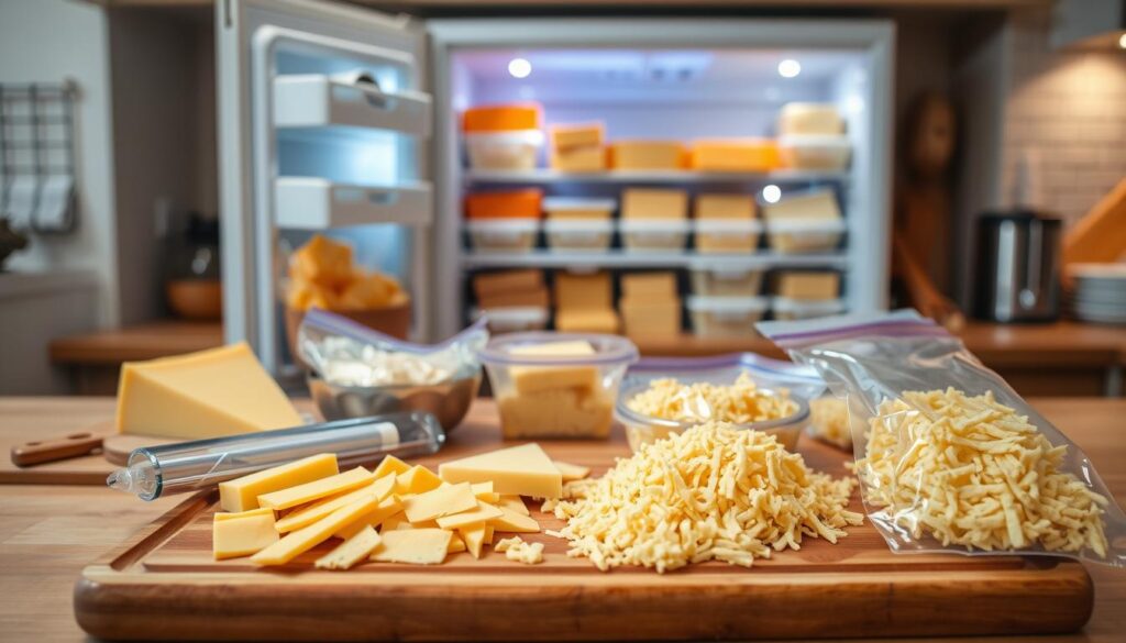 A well-organized kitchen countertop showcasing various methods of freezing cheese. In the foreground, a wooden cutting board features neatly arranged cheese slices and grated cheese, next to a vacuum sealer and freezer bags, emphasizing practicality. In the middle ground, a freezer door slightly ajar reveals organized containers of cheese in different forms, including blocks and shredded cheese. The background displays a cozy kitchen with soft, warm lighting that highlights the textures of the cheese and kitchen tools, creating a welcoming atmosphere. The scene is captured from a slightly elevated angle to provide a comprehensive view of the freezing setup, emphasizing the topic of cheese preservation techniques.