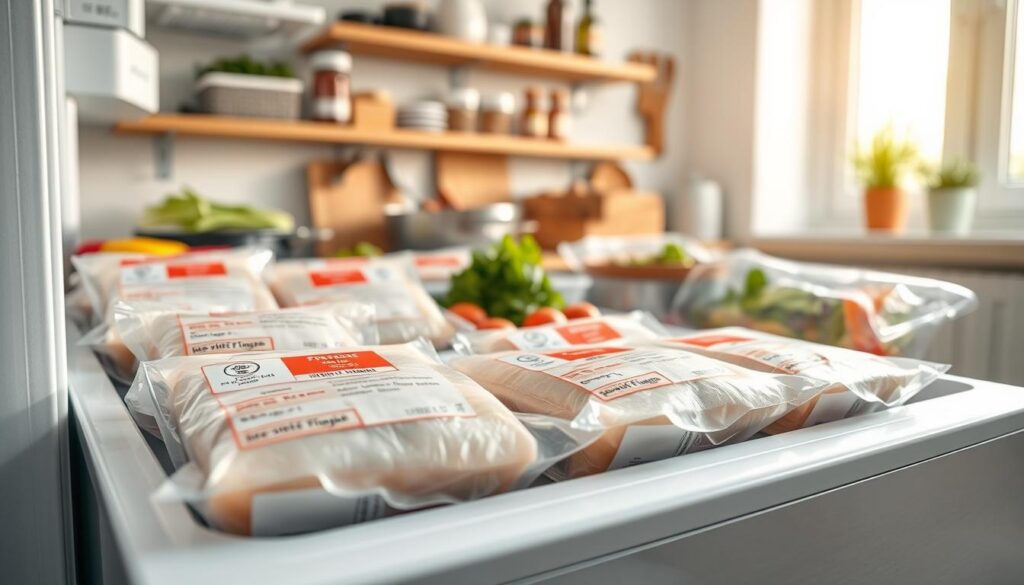 A well-organized kitchen scene featuring a modern freezer partially opened, showcasing neatly packaged portions of Greek-style fish fillet, flash-frozen with a glossy sheen. In the foreground, highlighted packets have vibrant labels indicating storage time and cooking instructions. The middle ground includes other frozen items, like vegetables and herbs, neatly arranged for contrast. The background features shelves with cooking utensils and spices, enhancing the culinary environment. Soft, natural light filters in from a nearby window, creating a warm and inviting atmosphere. Capture this image from a slightly elevated angle to emphasize both the contents of the freezer and the cozy kitchen setting, evoking a sense of practicality and homemaking. A well-organized kitchen scene featuring a modern freezer partially opened, showcasing neatly packaged portions of Greek-style fish fillet, flash-frozen with a glossy sheen. In the foreground, highlighted packets have vibrant labels indicating storage time and cooking instructions. The middle ground includes other frozen items, like vegetables and herbs, neatly arranged for contrast. The background features shelves with cooking utensils and spices, enhancing the culinary environment. Soft, natural light filters in from a nearby window, creating a warm and inviting atmosphere. Capture this image from a slightly elevated angle to emphasize both the contents of the freezer and the cozy kitchen setting, evoking a sense of practicality and homemaking.
