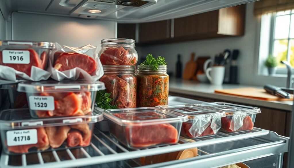 A well-organized kitchen setting, focusing on the refrigerator interior, showcasing neatly wrapped portions of beef stored on a shelf. In the foreground, there are clear plastic containers labeled with dates and labels for easy identification. The middle layer features a couple of marinated beef cuts in glass jars, surrounded by fresh herbs and spices to illustrate preparation. The background includes a kitchen counter with various utensils and a cutting board. Soft, natural light filters in through a nearby window, creating a warm and inviting atmosphere. The image captures the essence of proper beef storage in a fridge, emphasizing freshness and organization. The scene is carefully arranged to convey a professional culinary environment. A well-organized kitchen setting, focusing on the refrigerator interior, showcasing neatly wrapped portions of beef stored on a shelf. In the foreground, there are clear plastic containers labeled with dates and labels for easy identification. The middle layer features a couple of marinated beef cuts in glass jars, surrounded by fresh herbs and spices to illustrate preparation. The background includes a kitchen counter with various utensils and a cutting board. Soft, natural light filters in through a nearby window, creating a warm and inviting atmosphere. The image captures the essence of proper beef storage in a fridge, emphasizing freshness and organization. The scene is carefully arranged to convey a professional culinary environment.