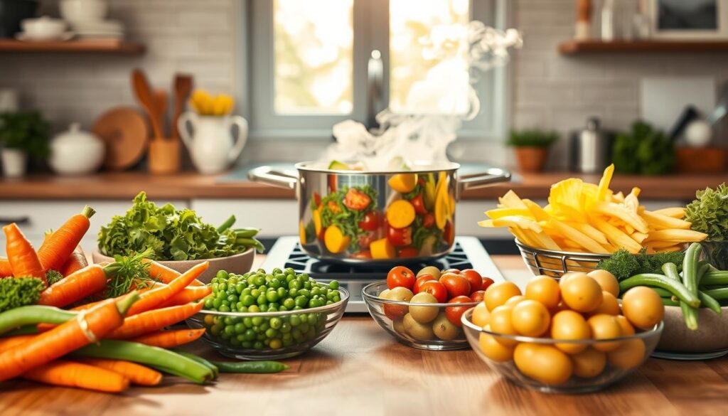 A wooden kitchen counter adorned with a beautiful array of fresh vegetables, artfully displayed to illustrate the sequence of cooking them for a salad. In the foreground, a vibrant assortment of carrots, peas, potatoes, and beans, each in separate bowls, showcasing their natural colors. The middle of the scene highlights a pot on a clean stove, steam gently rising, with cooked vegetables floating in it, indicating readiness. In the background, soft sunlight filters through a window, casting warm, inviting light across the scene, emphasizing a cozy and homey atmosphere. A well-organized, stylish kitchen setting enhances the clarity of this culinary process. The overall mood is bright, fresh, and instructive, perfect for a cooking demonstration on vegetable preparation. A wooden kitchen counter adorned with a beautiful array of fresh vegetables, artfully displayed to illustrate the sequence of cooking them for a salad. In the foreground, a vibrant assortment of carrots, peas, potatoes, and beans, each in separate bowls, showcasing their natural colors. The middle of the scene highlights a pot on a clean stove, steam gently rising, with cooked vegetables floating in it, indicating readiness. In the background, soft sunlight filters through a window, casting warm, inviting light across the scene, emphasizing a cozy and homey atmosphere. A well-organized, stylish kitchen setting enhances the clarity of this culinary process. The overall mood is bright, fresh, and instructive, perfect for a cooking demonstration on vegetable preparation.