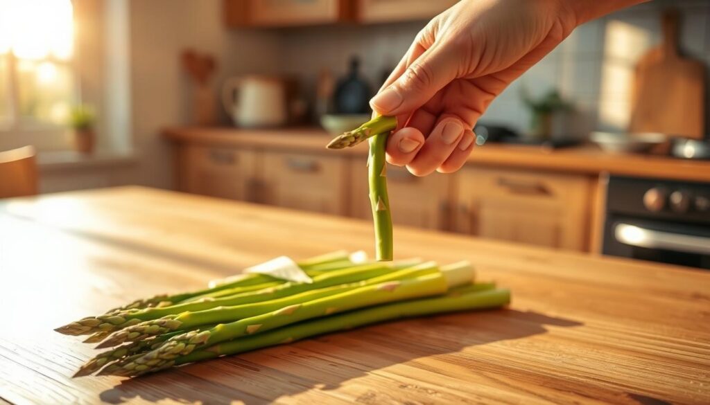 A wooden kitchen table set against a softly lit backdrop features vibrant green asparagus spears arranged neatly. In the foreground, a hand holding one asparagus spear, demonstrating the "test na ząb" method, gently bends the asparagus to reveal its crispness. The focus is sharp on the asparagus, highlighting its fresh texture and vivid color, while the background is softly blurred, creating a warm, inviting atmosphere. Golden hour sunlight streams through a nearby window, casting gentle shadows that enhance the natural green hues. The image captures the essence of cooking preparation, emphasizing the importance of texture and freshness in determining the perfect cooking time for asparagus.