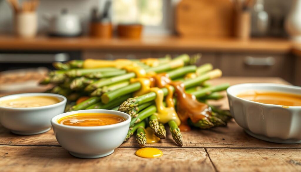 An array of different sauces for asparagus, elegantly presented on a rustic wooden table. In the foreground, showcase small bowls of creamy hollandaise sauce, rich brown butter sauce, and zesty lemon sauce, each with a glossy texture and vibrant colors. The middle ground features fresh, neatly arranged asparagus spears drizzled with the sauces, highlighting their textures. In the background, a softly blurred kitchen setting creates a warm atmosphere, with natural light streaming in, highlighting the colors of the sauces and asparagus. Use a shallow depth of field to draw attention to the sauces, evoking a feeling of gourmet dining. The overall mood is inviting and appetizing, enticing viewers to explore the culinary delights of asparagus accompaniments.