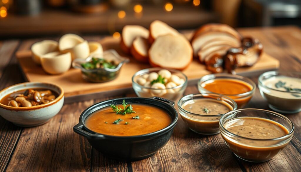 An artistic display of various brown gravies and sauces, elegantly arranged on a rustic wooden table. In the foreground, a rich, silky brown sauce is shown bubbling in a small, cast-iron skillet, with herbs sprinkled on top for garnish. Surrounding it, there are small bowls filled with different types of gravies: a dark mushroom gravy, a light herbed gravy, and a creamy sage sauce, each showcasing unique textures and colors. The middle ground features a rustic cutting board with sliced homemade dumplings and roasted meats, hinting at the perfect pairing with the sauces. The background consists of a softly blurred kitchen setting with ambient warm lighting, creating a cozy and inviting atmosphere that celebrates the culinary art of sauces. An artistic display of various brown gravies and sauces, elegantly arranged on a rustic wooden table. In the foreground, a rich, silky brown sauce is shown bubbling in a small, cast-iron skillet, with herbs sprinkled on top for garnish. Surrounding it, there are small bowls filled with different types of gravies: a dark mushroom gravy, a light herbed gravy, and a creamy sage sauce, each showcasing unique textures and colors. The middle ground features a rustic cutting board with sliced homemade dumplings and roasted meats, hinting at the perfect pairing with the sauces. The background consists of a softly blurred kitchen setting with ambient warm lighting, creating a cozy and inviting atmosphere that celebrates the culinary art of sauces.