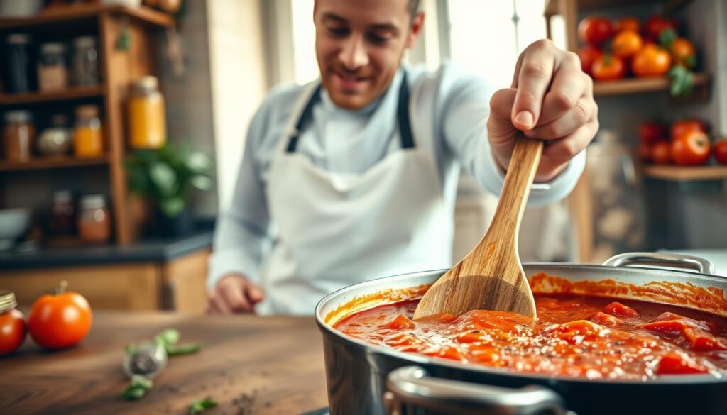 An intimate kitchen scene featuring a close-up view of a chef expertly seasoning a rich tomato sauce for stuffed cabbage. In the foreground, a wooden spoon rests in a pot filled with vibrant red sauce, with visible herbs and spices like basil, oregano, and cracked black pepper scattered around. The middle layer showcases the chef, a focused individual in a crisp white apron, carefully adjusting the flavor. Soft, warm lighting emanates from a nearby window, casting gentle shadows and creating an inviting, cozy atmosphere. The background includes shelves filled with jars of ingredients and freshly picked tomatoes, ensuring the composition reflects the essence of traditional cooking. The overall mood is warm and inviting, emphasizing the art of seasoning to achieve the perfect taste. An intimate kitchen scene featuring a close-up view of a chef expertly seasoning a rich tomato sauce for stuffed cabbage. In the foreground, a wooden spoon rests in a pot filled with vibrant red sauce, with visible herbs and spices like basil, oregano, and cracked black pepper scattered around. The middle layer showcases the chef, a focused individual in a crisp white apron, carefully adjusting the flavor. Soft, warm lighting emanates from a nearby window, casting gentle shadows and creating an inviting, cozy atmosphere. The background includes shelves filled with jars of ingredients and freshly picked tomatoes, ensuring the composition reflects the essence of traditional cooking. The overall mood is warm and inviting, emphasizing the art of seasoning to achieve the perfect taste.