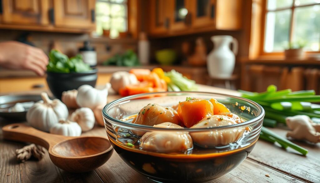 An inviting kitchen scene featuring marinated chicken in a dark soy sauce, surrounded by fresh ingredients like garlic, ginger, and green onions. In the foreground, a glass bowl holds the marinated chicken, glistening with the sauce, while a wooden spoon rests beside it. In the middle ground, a cutting board displays chopped vegetables and herbs, adding a vibrant contrast. The background shows a warm, softly lit kitchen with rustic wooden cabinets and a hint of greenery through a window, suggesting a cozy atmosphere. The scene is illuminated by natural light coming from the window, creating a cheerful, appetizing mood that highlights the marination process. The camera angle should be slightly tilted for a dynamic composition, focusing on the marinated chicken as the main subject. An inviting kitchen scene featuring marinated chicken in a dark soy sauce, surrounded by fresh ingredients like garlic, ginger, and green onions. In the foreground, a glass bowl holds the marinated chicken, glistening with the sauce, while a wooden spoon rests beside it. In the middle ground, a cutting board displays chopped vegetables and herbs, adding a vibrant contrast. The background shows a warm, softly lit kitchen with rustic wooden cabinets and a hint of greenery through a window, suggesting a cozy atmosphere. The scene is illuminated by natural light coming from the window, creating a cheerful, appetizing mood that highlights the marination process. The camera angle should be slightly tilted for a dynamic composition, focusing on the marinated chicken as the main subject.