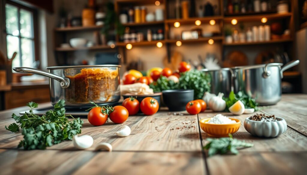 An inviting kitchen scene showcasing a rustic wooden table featuring a simple yet delicious meat sauce ingredient arrangement. In the foreground, a silver saucepan bubbles gently on a stove, filled with a rich, dark brown sauce. Fresh herbs like parsley and thyme are scattered around, alongside garlic cloves, and a small bowl of assorted spices including pepper and salt. In the middle, there are fresh vegetables like tomatoes and onions, sliced and ready for use. The background highlights cozy kitchen shelves stocked with various cooking utensils and spices, illuminated by warm, soft lighting that creates a comforting atmosphere. A blurred view of kitchen windows allows natural light to filter in, evoking a homey, inviting mood. An inviting kitchen scene showcasing a rustic wooden table featuring a simple yet delicious meat sauce ingredient arrangement. In the foreground, a silver saucepan bubbles gently on a stove, filled with a rich, dark brown sauce. Fresh herbs like parsley and thyme are scattered around, alongside garlic cloves, and a small bowl of assorted spices including pepper and salt. In the middle, there are fresh vegetables like tomatoes and onions, sliced and ready for use. The background highlights cozy kitchen shelves stocked with various cooking utensils and spices, illuminated by warm, soft lighting that creates a comforting atmosphere. A blurred view of kitchen windows allows natural light to filter in, evoking a homey, inviting mood.