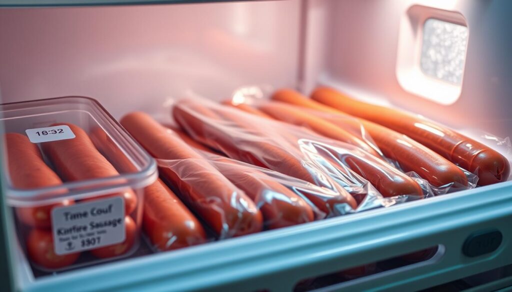 Close-up of a neatly organized freezer drawer showcasing perfectly arranged vacuum-sealed packages of sausages, emphasizing their freshness and suitability for freezing. The foreground features a clear, labeled container with a date marker, indicating storage time. In the middle, various types of sausages are visible, their glistening surfaces reflecting soft, cool lighting that captures the essence of freezing. The background includes a frosted glass door of the freezer, slightly ajar, revealing a few ice crystals, enhancing the cold atmosphere. The overall mood is educational and inviting, appealing to home cooks. The lens captures the scene at a slight angle, providing depth and focus to the sausage packages, ensuring clarity without distracting elements.