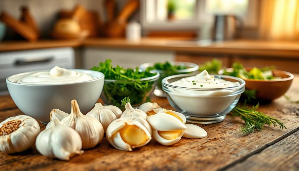Foreground: A close-up arrangement of fresh garlic cloves, a bowl of thick, creamy yogurt, and a dollop of rich mayonnaise on a rustic wooden table. Middle: Small bowls containing finely chopped herbs like parsley and dill, along with a sprinkle of black pepper and a drizzle of olive oil to enhance the visual appeal. Background: A soft-focus kitchen setting with warm, natural light streaming through a window, creating a cozy atmosphere. The entire scene should evoke a sense of freshness and culinary creativity, ideal for showcasing the ingredients of a delicious garlic sauce for fries. Aim for a bright and inviting color palette, with a shallow depth of field to focus on the ingredients’ textures and details.
