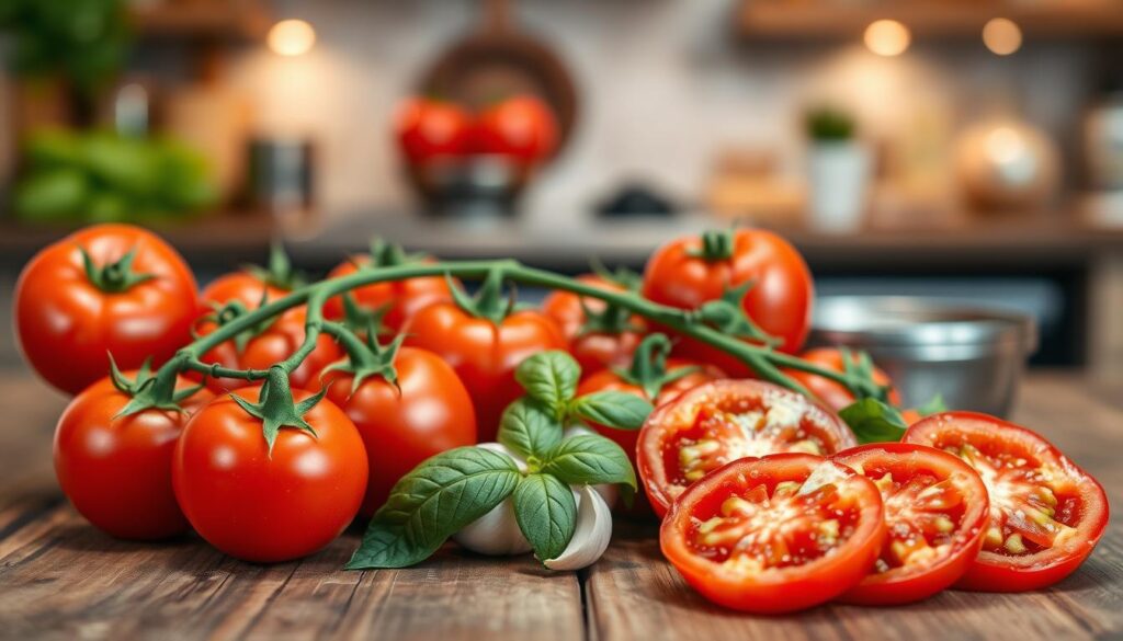 Fresh, ripe tomatoes displayed prominently in the foreground, showcasing their glossy red skins and vibrant green stems. Arrange them artfully on a rustic wooden table, with some tomatoes whole, others sliced to reveal their juicy interiors. In the middle ground, include a few fresh basil leaves and garlic cloves to enhance the culinary theme. The background should feature a softly blurred kitchen setting with warm, inviting lighting that reflects a cozy cooking atmosphere. Use a shallow depth of field to keep the focus on the tomatoes, capturing their textures and details. The image should evoke a sense of freshness and readiness for a delicious tomato sauce creation, perfect for a pizza. Fresh, ripe tomatoes displayed prominently in the foreground, showcasing their glossy red skins and vibrant green stems. Arrange them artfully on a rustic wooden table, with some tomatoes whole, others sliced to reveal their juicy interiors. In the middle ground, include a few fresh basil leaves and garlic cloves to enhance the culinary theme. The background should feature a softly blurred kitchen setting with warm, inviting lighting that reflects a cozy cooking atmosphere. Use a shallow depth of field to keep the focus on the tomatoes, capturing their textures and details. The image should evoke a sense of freshness and readiness for a delicious tomato sauce creation, perfect for a pizza.