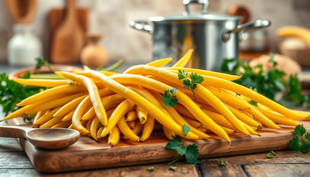 Vibrant and fresh scene featuring a variety of yellow string beans (fasolka szparagowa) arranged elegantly on a rustic wooden cutting board. In the foreground, the beans are accompanied by cooking utensils like a wooden spoon and a pot, suggesting preparation tips. The middle ground showcases a steaming pot of water, hinting at the boiling process, while fresh herbs like parsley and thyme are scattered around to enhance the culinary vibe. The background features a softly blurred kitchen setting with warm lighting, evoking a cozy and inviting atmosphere. Use a shallow depth of field to focus on the beans, creating an appealing texture, and a warm color palette that evokes a sense of health and nourishment. Vibrant and fresh scene featuring a variety of yellow string beans (fasolka szparagowa) arranged elegantly on a rustic wooden cutting board. In the foreground, the beans are accompanied by cooking utensils like a wooden spoon and a pot, suggesting preparation tips. The middle ground showcases a steaming pot of water, hinting at the boiling process, while fresh herbs like parsley and thyme are scattered around to enhance the culinary vibe. The background features a softly blurred kitchen setting with warm lighting, evoking a cozy and inviting atmosphere. Use a shallow depth of field to focus on the beans, creating an appealing texture, and a warm color palette that evokes a sense of health and nourishment.